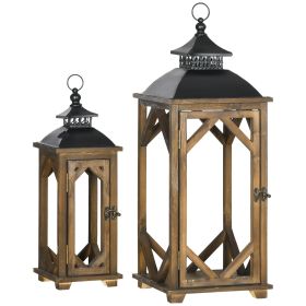 HOMCOM 2 Pack Large Rustic Lantern Decorative Hanging Wooden Metal Indoor Outdoor Black Dark Wood Color