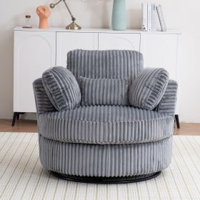 Oversized 360 Degreed Swivel Accent Chair Modern Soft Plush Corduroy Round Barrel Chair for Living Room Bedroom with Pillows, Gray