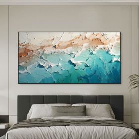 Handmade Oil Painting Teal Minimalist Beach Painting Textured Wall Art Ocean Wave Painting On Canvas Wall Art Living Room Painting Fashion Decor (Style: 01, size: 100x200cm)