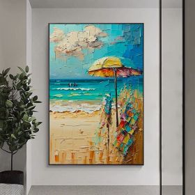 Handmade Oil Painting Abstract Beach Canvas Painting Large Original Sunshine Ocean Coast Seascape Oil Painting Wall Art Modern Blue Beige Living (Style: 01, size: 120x160cm)