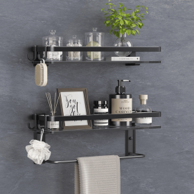 Glass Shelf for Bathroom 15.7 in Bathroom Shelves with Towel Bar Tempered Glass Shelves for Wall(2 Tier) (Color: Black)