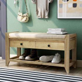 Shoe Rack with Cushioned Seat and Drawers,Multipurpose Entryway Storage Bench (Color: Gray Wash, Material: Solid Wood)